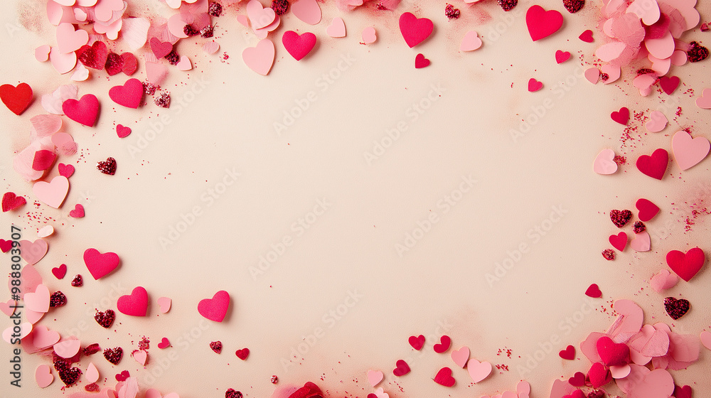 valentine’s day confetti: a romantic frame made from pink and red heart-shaped confetti, arranged around a soft blush background, the sweet colors create a charming border valentine’s day confetti: a romantic frame made from pink and red heart-shaped confetti, arranged around a soft blush background, the sweet colors create a charming border