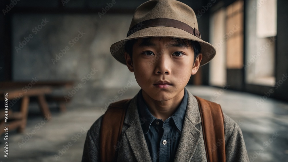 Young Asian boy, around 10 years old, with short dark hair, wearing tan fedora hat, blue collared shirt, and brown jacket, standing in front of blurred background Young Asian boy, around 10 years old, with short dark hair, wearing tan fedora hat, blue collared shirt, and brown jacket, standing in front of blurred background