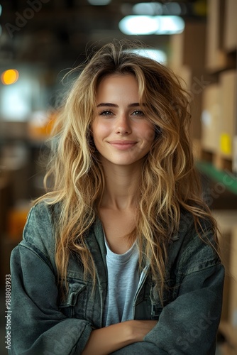 Wallpaper Mural Woman happily working in logistics, standing near boxes in a stockroom, feeling excited about her growing business. Organized shelves and bright lighting reflect the progress. Torontodigital.ca