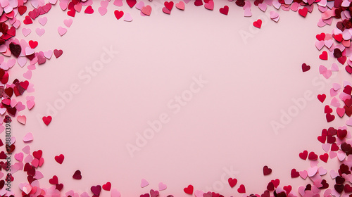 valentineâ€™s day confetti: a romantic frame made from pink and red heart-shaped confetti, arranged around a soft blush background, the sweet colors create a charming border