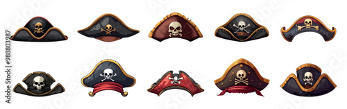 Pirate hat with skull set. Sea piracy cap with crossed bones. Front view. Headgear, headdress accessory adventure costume outfit. Party event poster banner decorative element. Isolated vector clipart