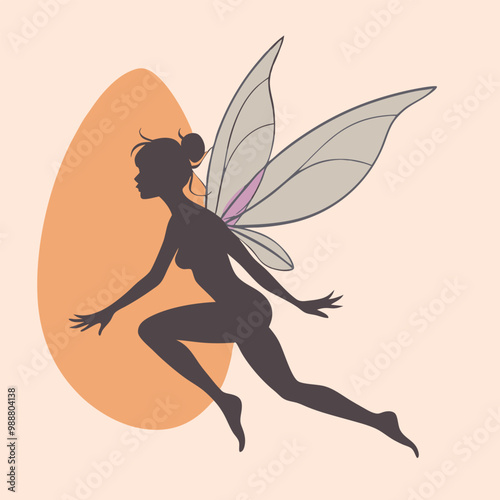 a black silhouette of a fairy. The fairy is in a crouching position, with her body facing towards the left side of the vector art illustration