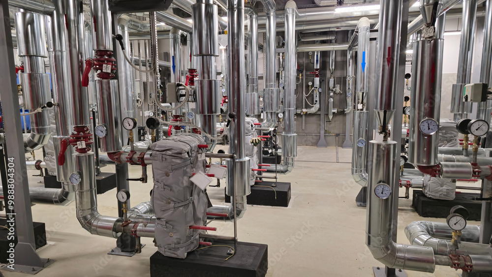 Fototapeta premium Heat exchange station with water pipes and heating elements. Sensors and pumping station under the building to ensure water supply