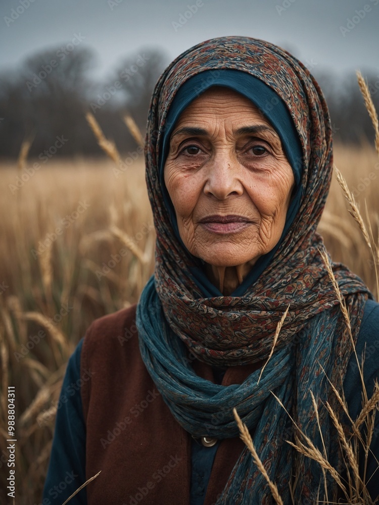 Elderly middle eastern woman with wrinkled skin, wearing blue headscarf and shawl, standing in field of tall grass Elderly middle eastern woman with wrinkled skin, wearing blue headscarf and shawl, standing in field of tall grass