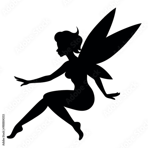 a black silhouette of a fairy. The fairy is in a crouching position, with her body facing towards the left side of the vector art illustration
