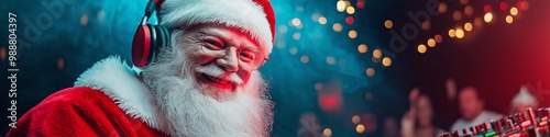 A man dressed as Santa Claus is playing music with headphones on. The image has a festive and joyful mood, as it captures the spirit of the holiday season