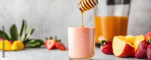 Liquid honey being poured into a smoothie, with fruits and a blender in the background   honey, smoothie sweetener photo