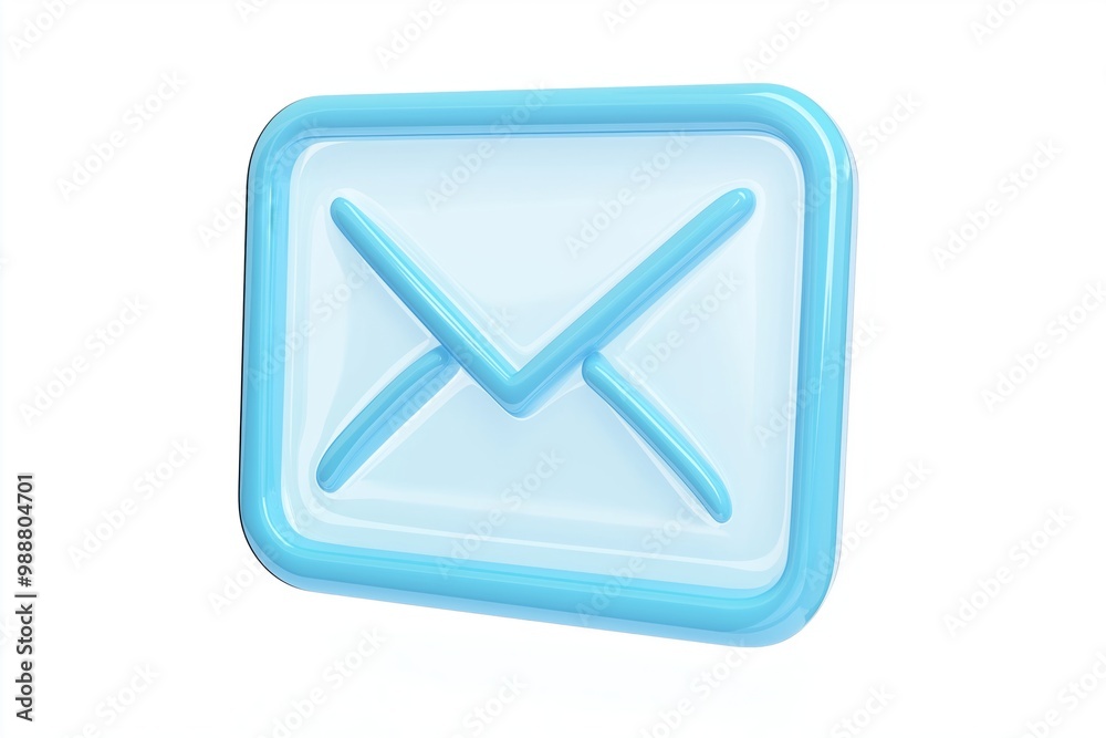Transparent blue envelope symbol with beveled edges, floating on a white surface Transparent blue envelope symbol with beveled edges, floating on a white surface