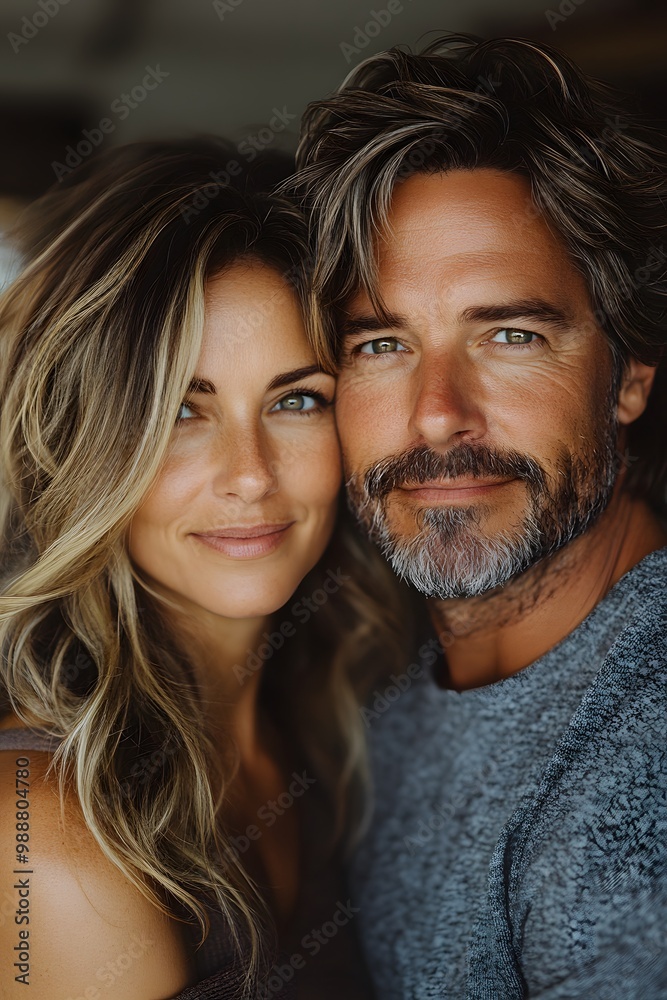 Loving mature couple in a close embrace, wife cuddling her husband from behind, both smiling at the camera. The scene reflects the strength and warmth of their relationship. Loving mature couple in a close embrace, wife cuddling her husband from behind, both smiling at the camera. The scene reflects the strength and warmth of their relationship.