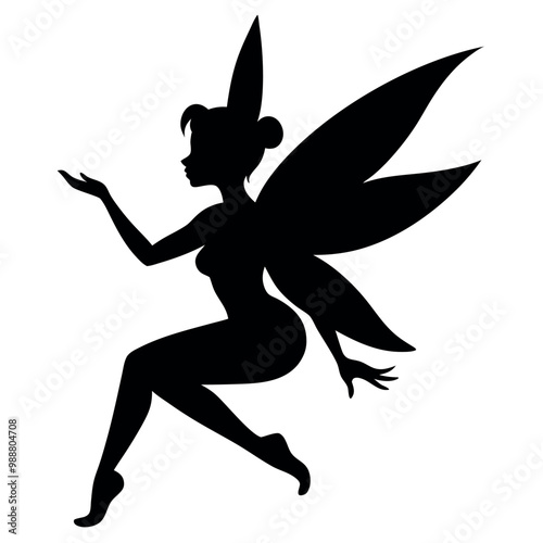 a black silhouette of a fairy. The fairy is in a crouching position, with her body facing towards the left side of the vector art illustration