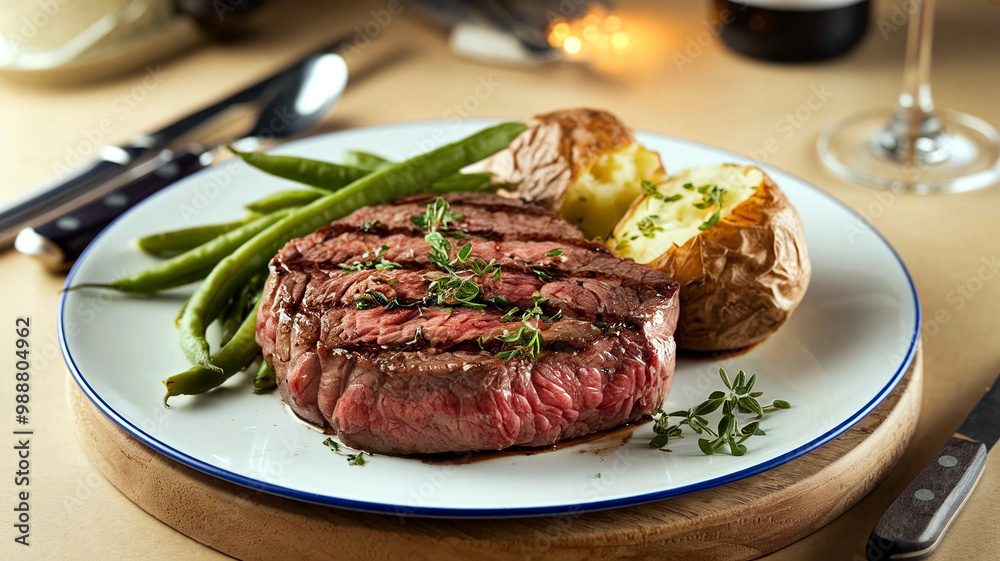 A gourmet plate featuring juicy medium-rare grilled Kobe beef steak with herbs and baked potatoes, set against a soft restaurant background, perfect for food and dining visuals. A gourmet plate featuring juicy medium-rare grilled Kobe beef steak with herbs and baked potatoes, set against a soft restaurant background, perfect for food and dining visuals.