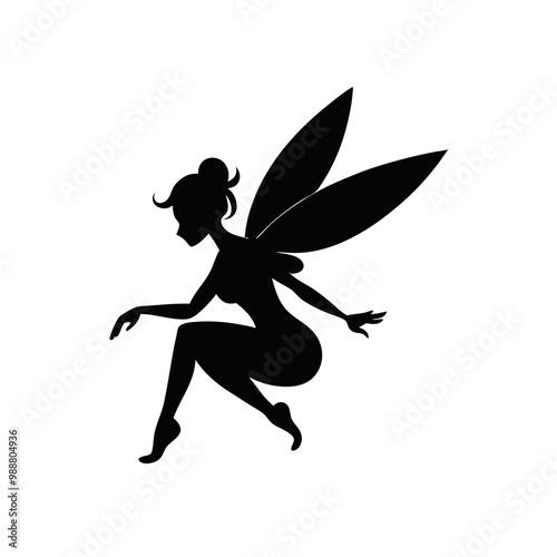 a black silhouette of a fairy. The fairy is in a crouching position, with her body facing towards the left side of the vector art illustration