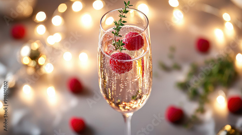 Sparkling beverage garnished with raspberries and thyme, surrounded by festive bokeh background and scattered fruits