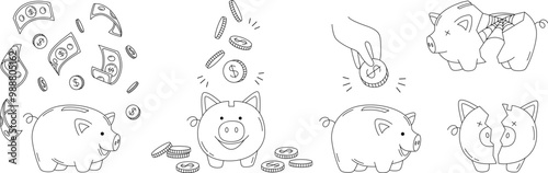 Doodle piggy bank. Money saving or accumulation, savings pig with falling dollar bills and coins. Happy wealthy and sad broken piggy banks hand drawn vector illustrations set