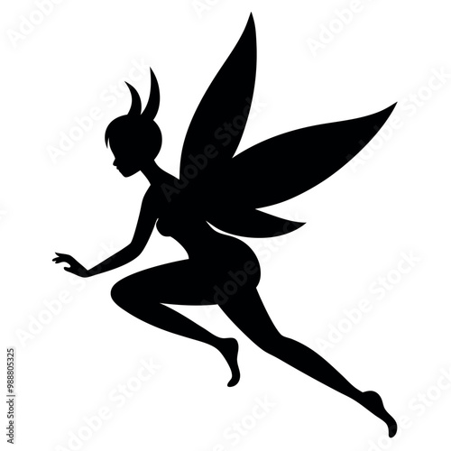 a black silhouette of a fairy. The fairy is in a crouching position, with her body facing towards the left side of the vector art illustration