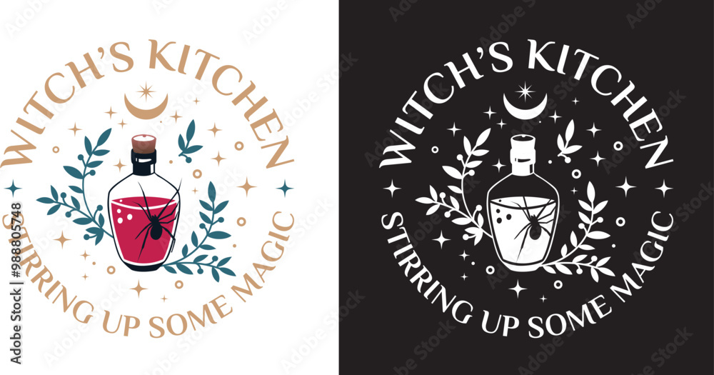Witchs kitchen logo featuring potion bottle and magical elements Witchs kitchen logo featuring potion bottle and magical elements