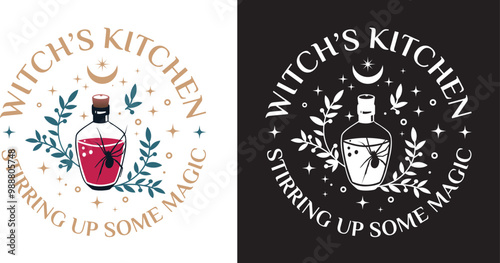 Witchs kitchen logo featuring potion bottle and magical elements