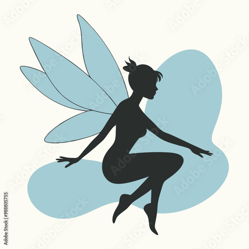 a black silhouette of a fairy. The fairy is in a crouching position, with her body facing towards the left side of the vector art illustration