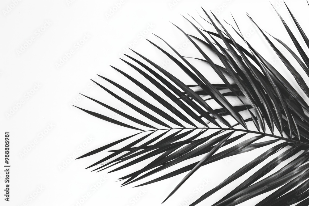 Obraz premium Palm Tree Black White. Beautiful Palm Leaf on White Background for Tropical Travel Concept