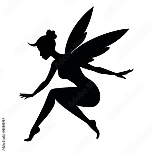 a black silhouette of a fairy. The fairy is in a crouching position, with her body facing towards the left side of the vector art illustration