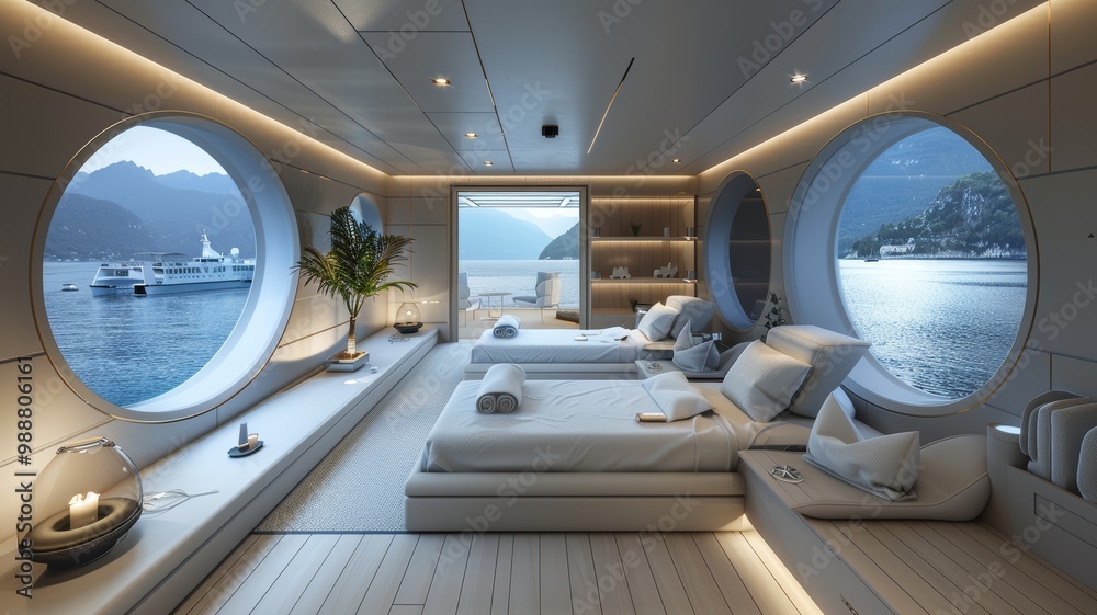 Obraz premium Luxurious Yacht Interior with Panoramic Ocean Views and Modern Design Elements