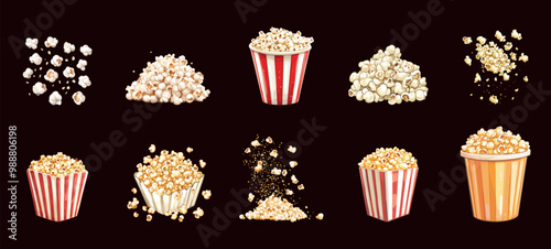 Popcorn set. Seeds of popcorn big and small size paper striped bucket a pile of popcorn. Side and top view. Not healthy leisure time salty sugar snack. Cinema movie TV fun food. Isolated vector