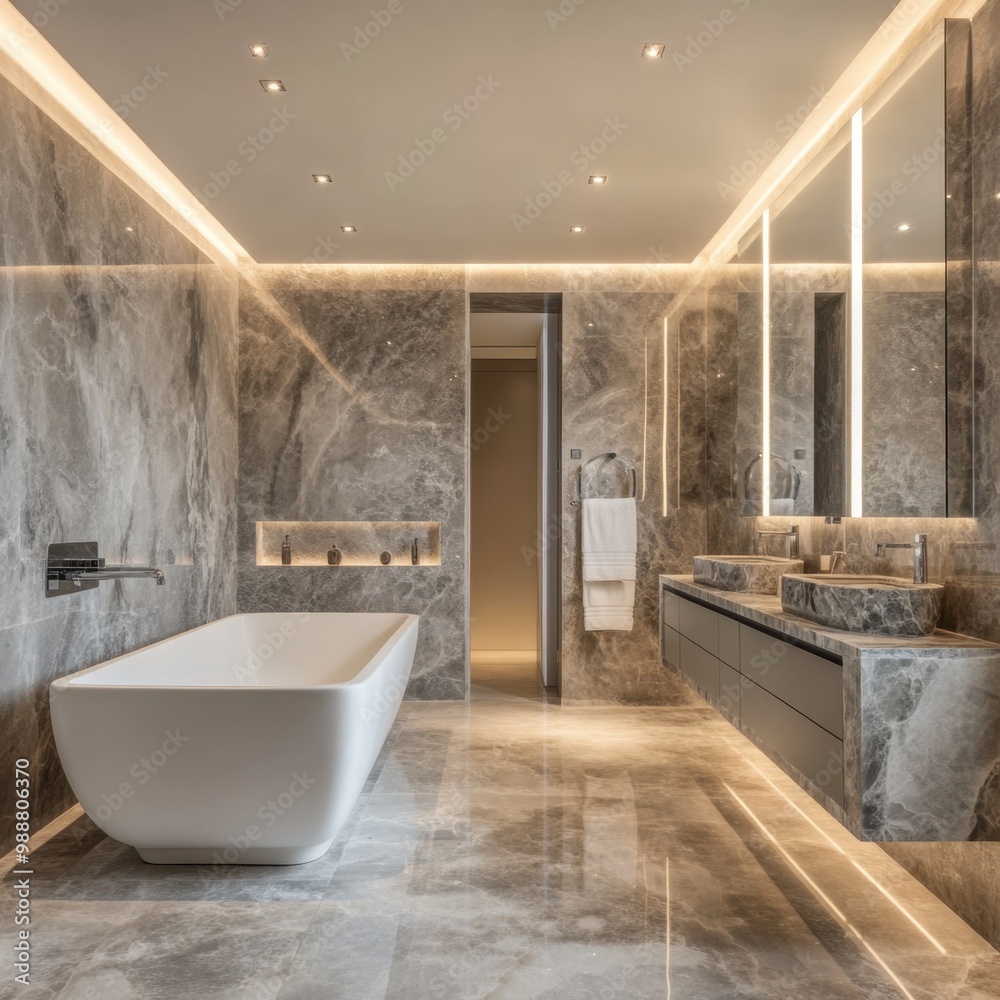 Fototapeta premium A large bathroom with a white bathtub and two sinks. The bathroom is very clean and well-lit