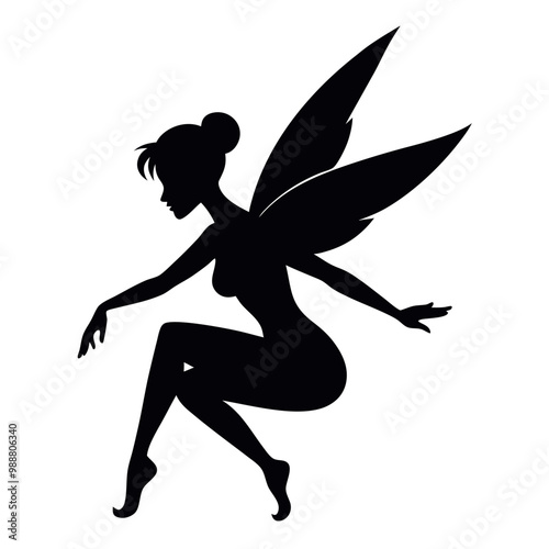 a black silhouette of a fairy. The fairy is in a crouching position, with her body facing towards the left side of the vector art illustration