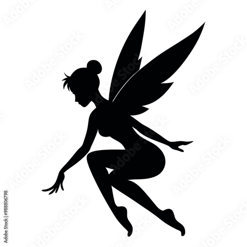a black silhouette of a fairy. The fairy is in a crouching position, with her body facing towards the left side of the vector art illustration