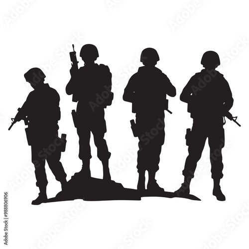 Soldier with assault rifle silhouette on white background, vector illustration. Army forces.