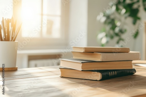 A Cozy Study Desk Bathed in Sunlight with Academic Books Ready for Exploration and Knowledge photo