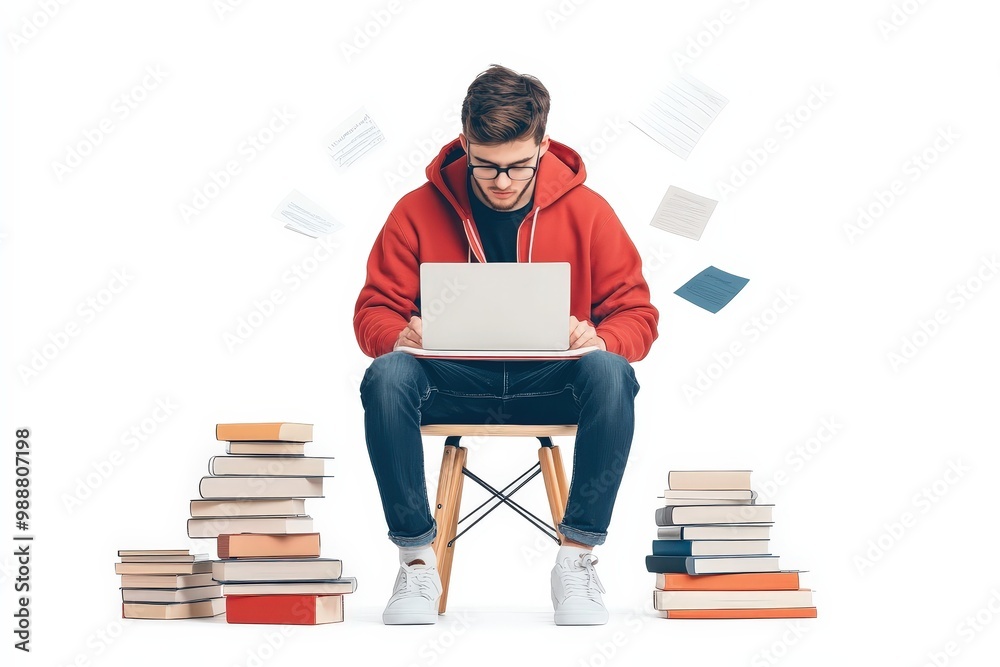A Dedicated Student Engaged in Study Amidst a Sea of Knowledge and Educational Materials A Dedicated Student Engaged in Study Amidst a Sea of Knowledge and Educational Materials