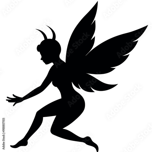 a black silhouette of a fairy. The fairy is in a crouching position, with her body facing towards the left side of the vector art illustration