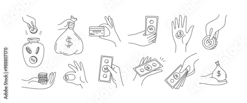 Doodle hand with money. Hand drawn hands holding coins, cash dollar bills, money bag and credit card. Financial savings, donations and cash flow vector set