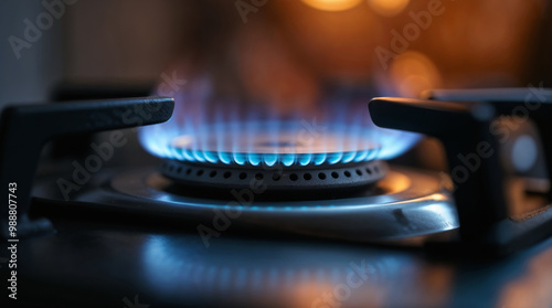 a close-up view of a gas stove burner with a blue flame, indicating combustion photo