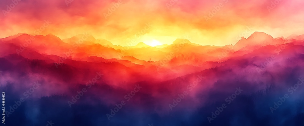 A vibrant sunrise over misty mountains. A vibrant sunrise over misty mountains.