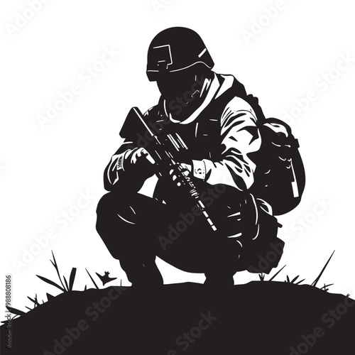 Soldier with assault rifle silhouette on white background, vector illustration. Army forces.