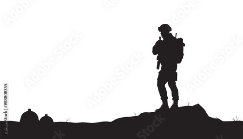 Soldier with assault rifle silhouette on white background, vector illustration. Army forces.