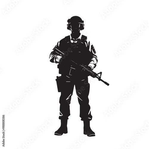 Soldier with assault rifle silhouette on white background, vector illustration. Army forces.