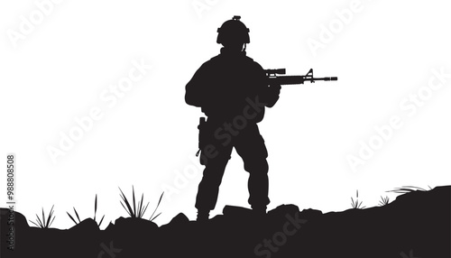 Soldier with assault rifle silhouette on white background, vector illustration. Army forces.