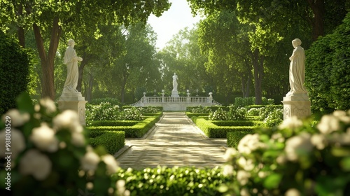 Fototapeta Naklejka Na Ścianę i Meble -  Elegant European Park with Manicured Gardens and Statues