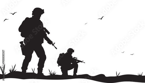 Soldier with assault rifle silhouette on white background, vector illustration. Army forces.