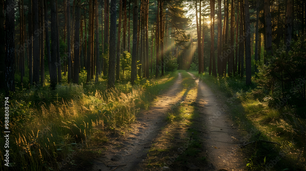 Naklejka premium Sunbeams Through the Trees: A Forest Path at Golden Hour