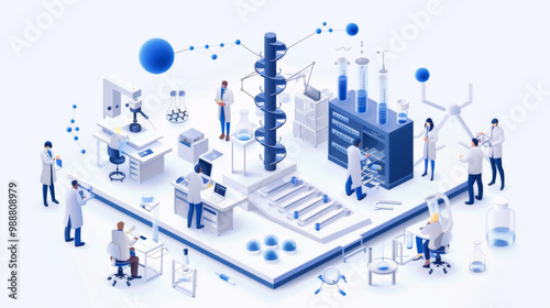 Obraz na płótnie Medical laboratory 3d isometric web design. People scientists explore molecular structure of dna on modern laboratory equipment w salonie