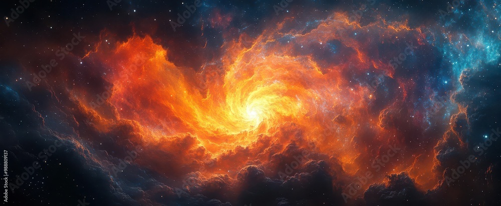 abstract digital artwork depicting the collision of vibrant nebulae creating a mesmerizing vortex of swirling colors and fractals in deep space