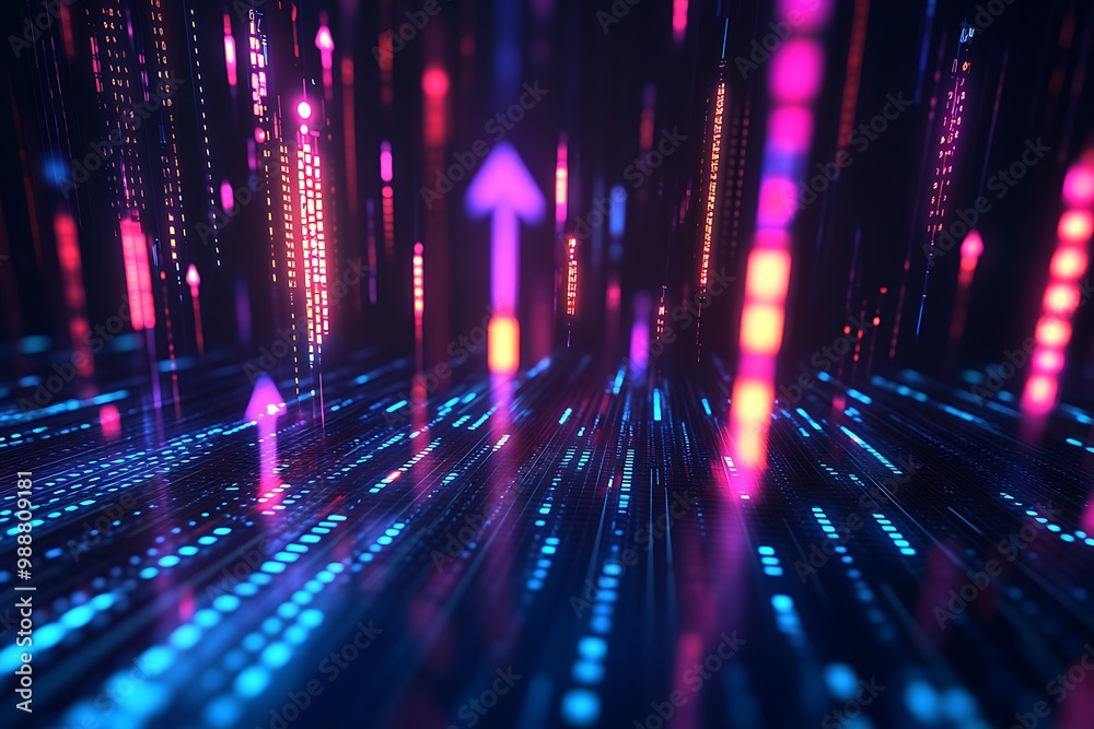 Neon Glowing Arrows in Digital Landscape with Reflective Surface and Vertical Lights Neon Glowing Arrows in Digital Landscape with Reflective Surface and Vertical Lights