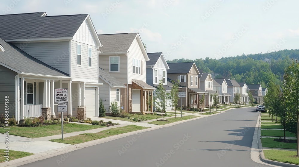 Rows of empty houses with foreclosure signs, representing the widespread impact of the housing crisis housing market crash, mortgage failure Rows of empty houses with foreclosure signs, representing the widespread impact of the housing crisis housing market crash, mortgage failure