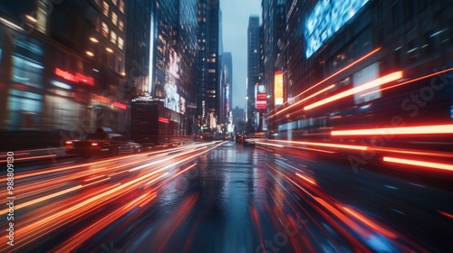 Neon Trails on a Rainy Night Cityscape - Made with Generative AI