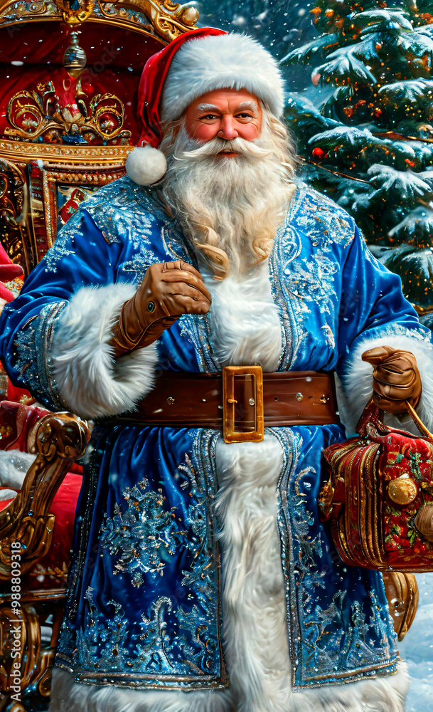 Fototapeta premium Santa Claus in a luxurious embroidered blue suit