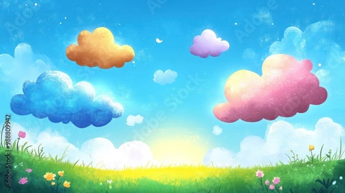 A vibrant, whimsical landscape featuring colorful clouds and a sunny sky over a grassy field.